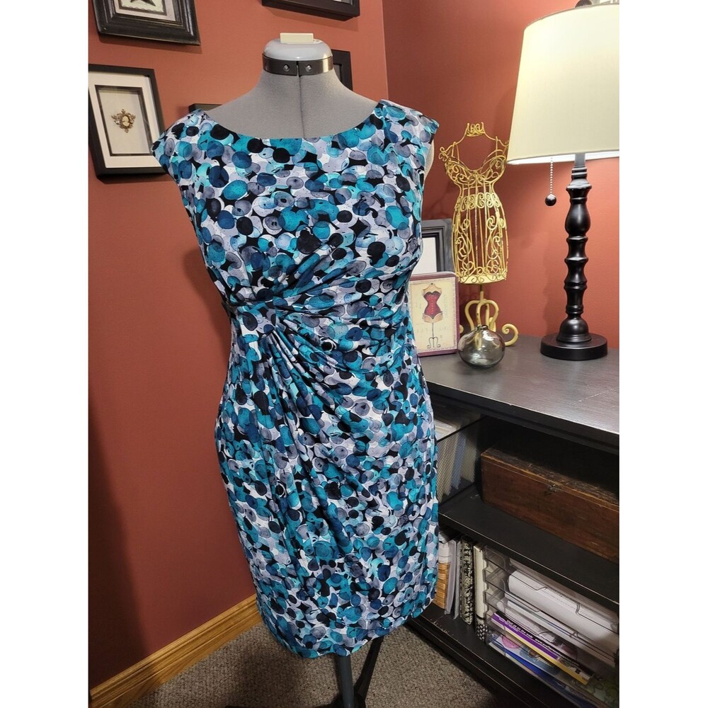 connected apparel Blue Teal Abstract Print Midi Sheath Dress